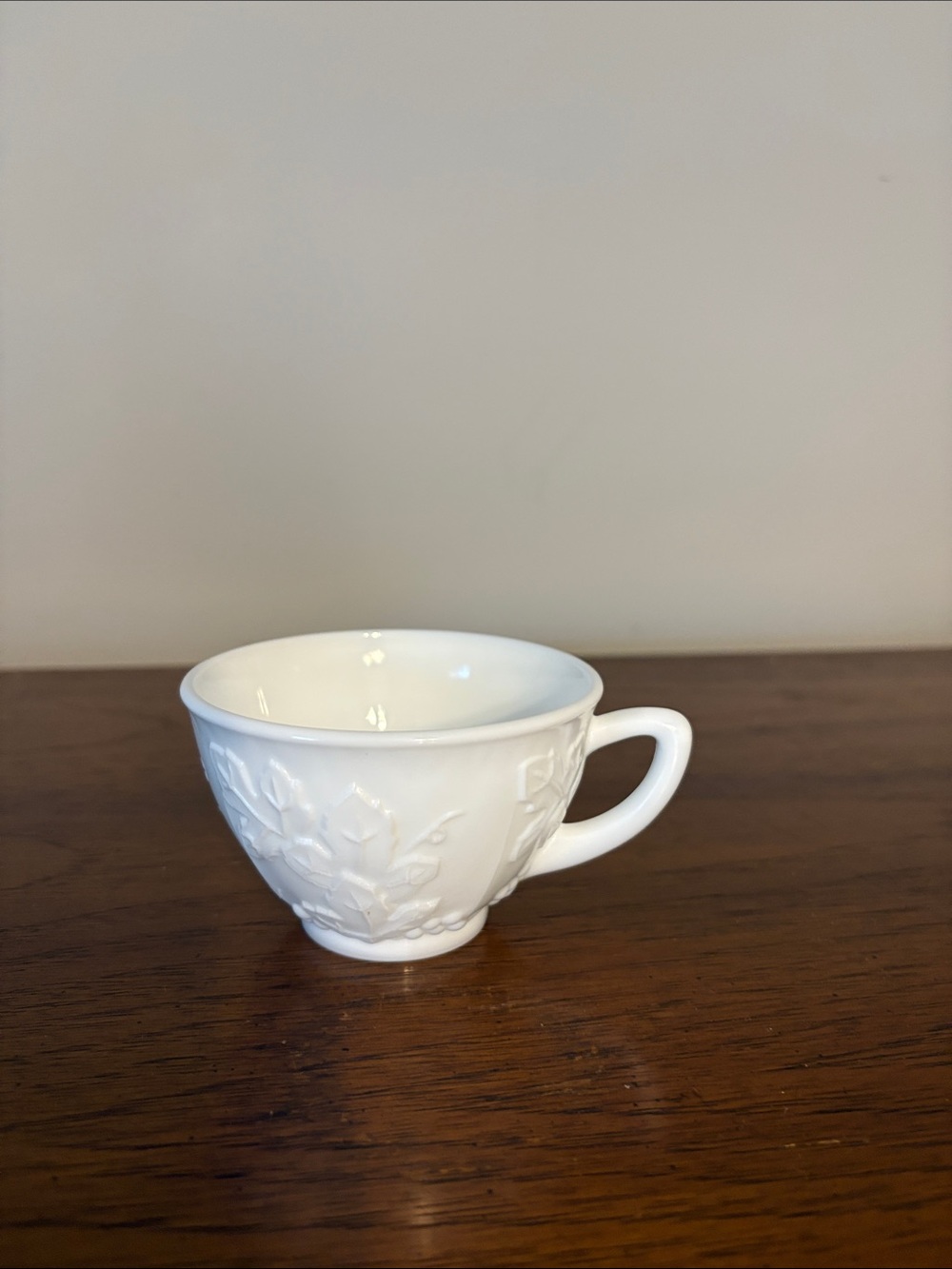 Vintage milk glass with White Embossed Ceramic Teacup - Classic Home Dining